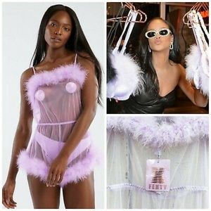 Savage X Fenty Marabou Purple Sheer Romper, XS/S